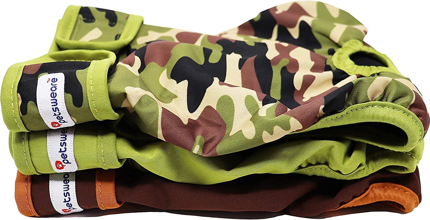 Petsweare wasserdicht saugfähig waschbare robuste wiederverwendbare Hundewindeln Läufigkeitshose Inkontinenzunterlage für weibliche Welpe und Hündinnen 3er Pack (XXLarge, Oliv-Braun-Camouflage)