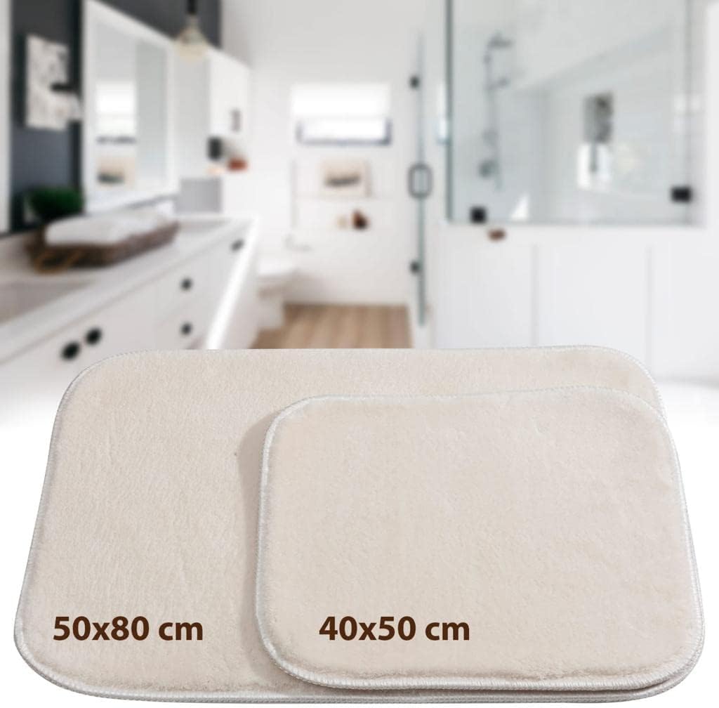 Artwelt Badezimmerteppich Set 2 teilig rutschfest Badematte Badevorleger Duschvorleger Absorbierende Badteppich für Badezimmer 50x80 & 40x50 Creme