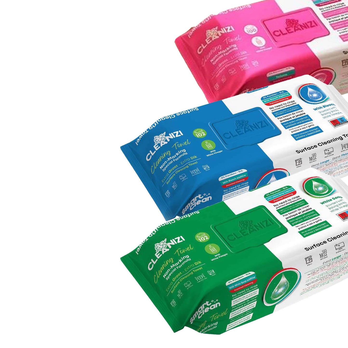 Cleanizi Reinigungstücher Extra dickes und Extra Großes Feuchttücher Oberflächenreinigung Set für Fußboden Küche Badezimmer – nicht Abfärbender Spülfreier Formel – Mit Bleichmittel 6 Packungen