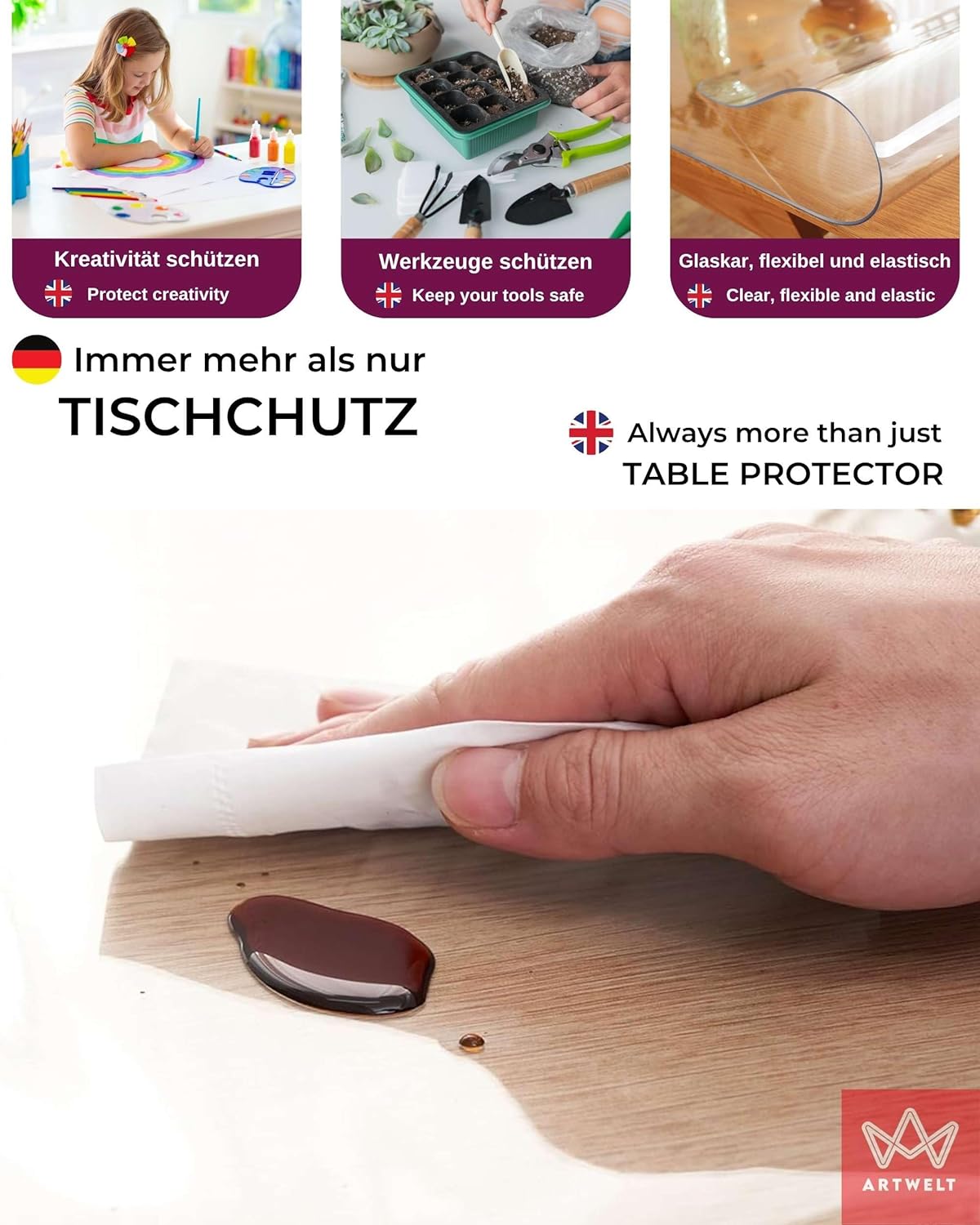 Artwelt Tischdecke Transparent Tischfolie 2.0mm Glasklar Folie Tischschutz Wasserdicht Abwaschbar Polyvinylchloride Folie Wunschmaß Fettdicht Tischschutzfolie (40cm X 60cm)